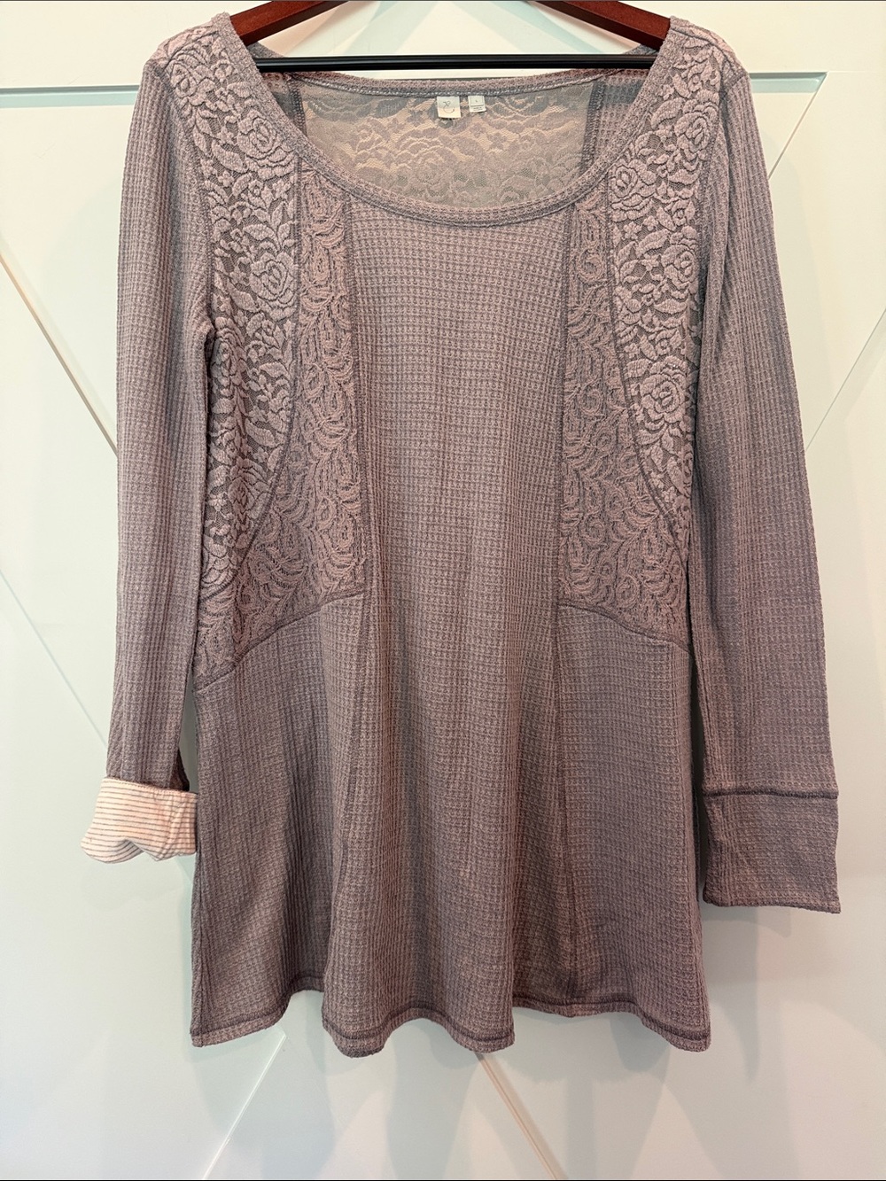 Lace-Panel Long Sleeve Tunic Top - Grey